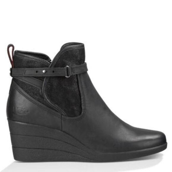 Ugg Emalie Moto Buckle Wedge Leather Lined Heels Boots Shoes Bootie - Picture 4 of 14